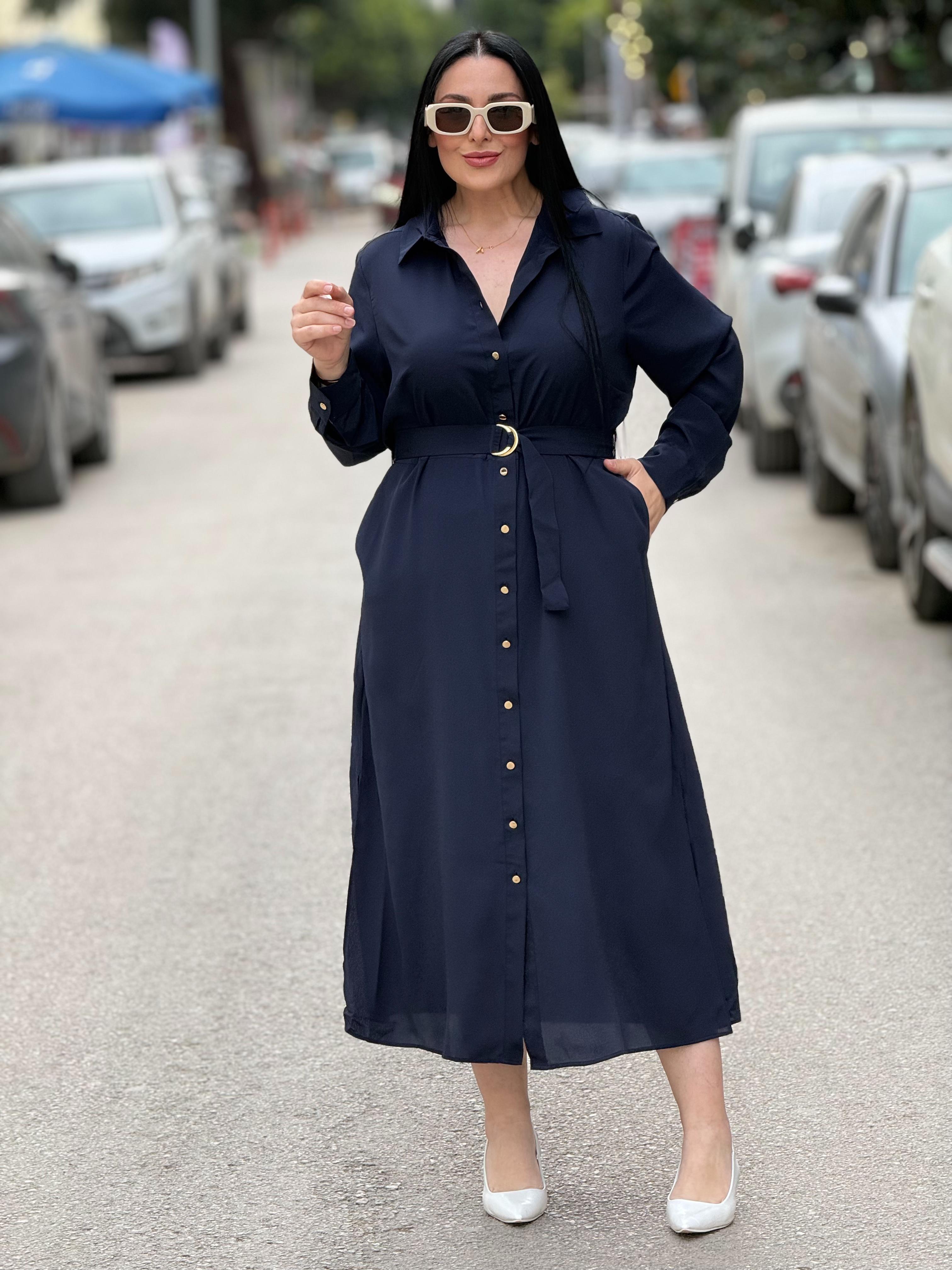 Riva Lacivert Midi Elbise