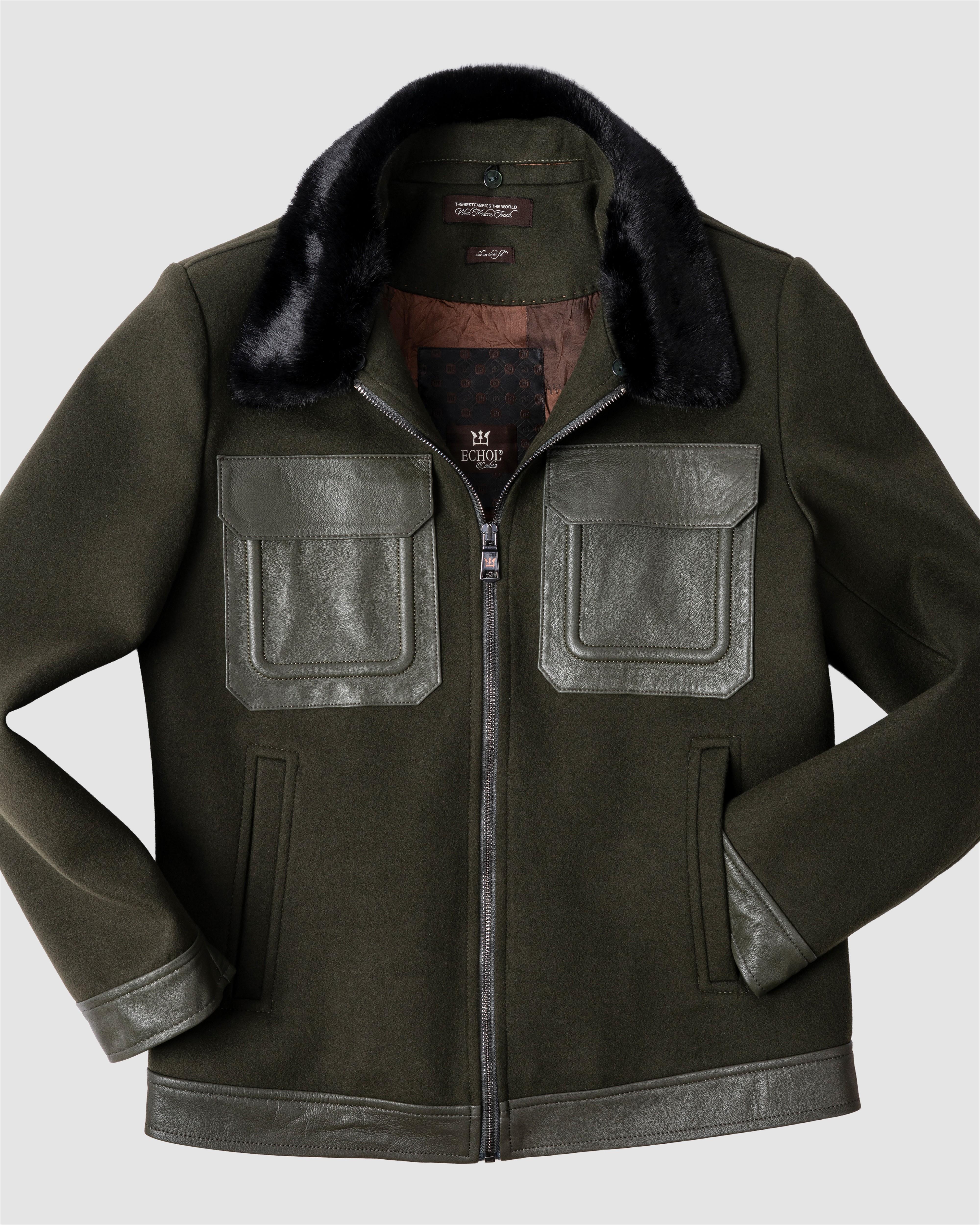 Deri Cepli Kürklü Kaşe Ceket