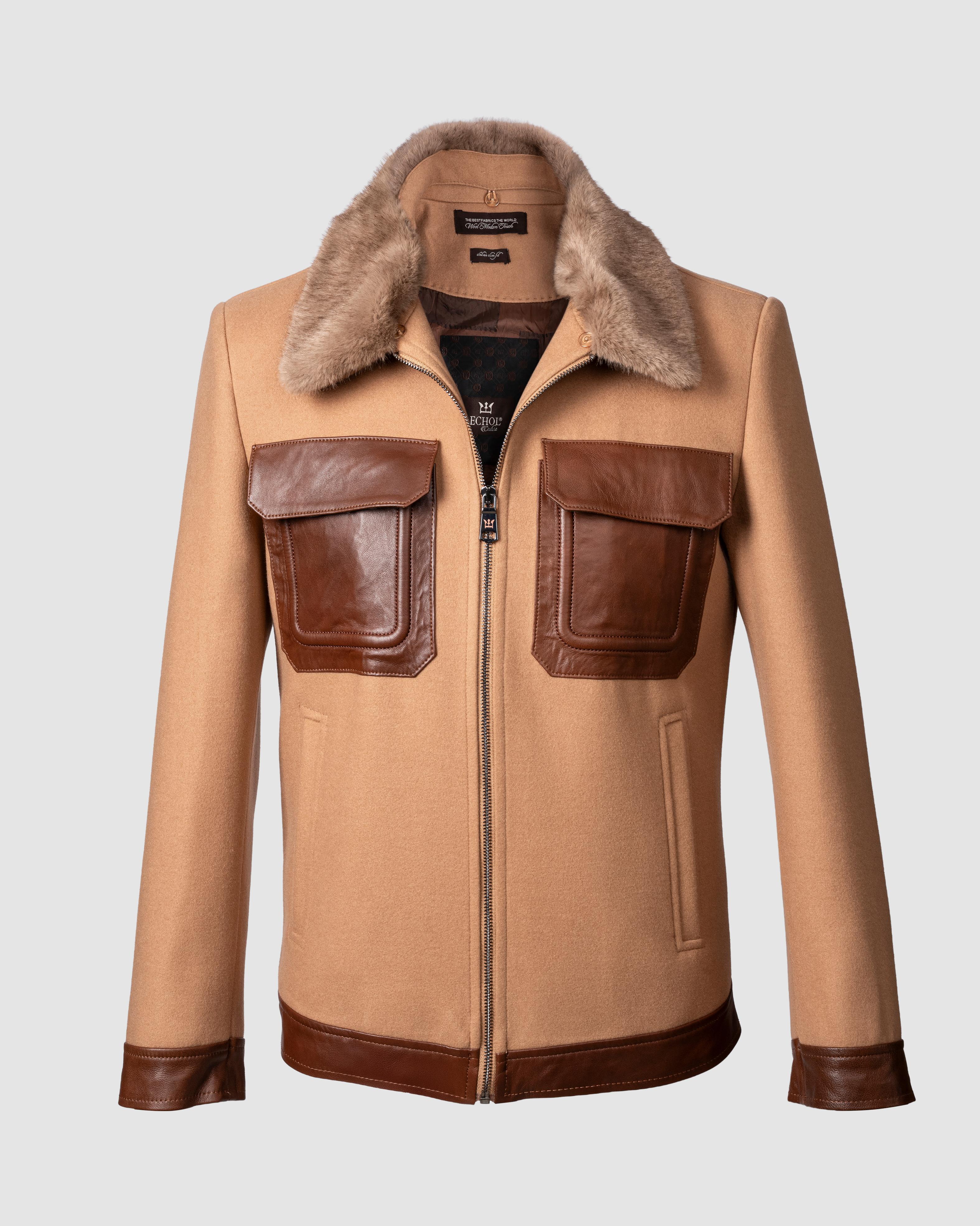 Deri Cepli Kürklü Kaşe Ceket