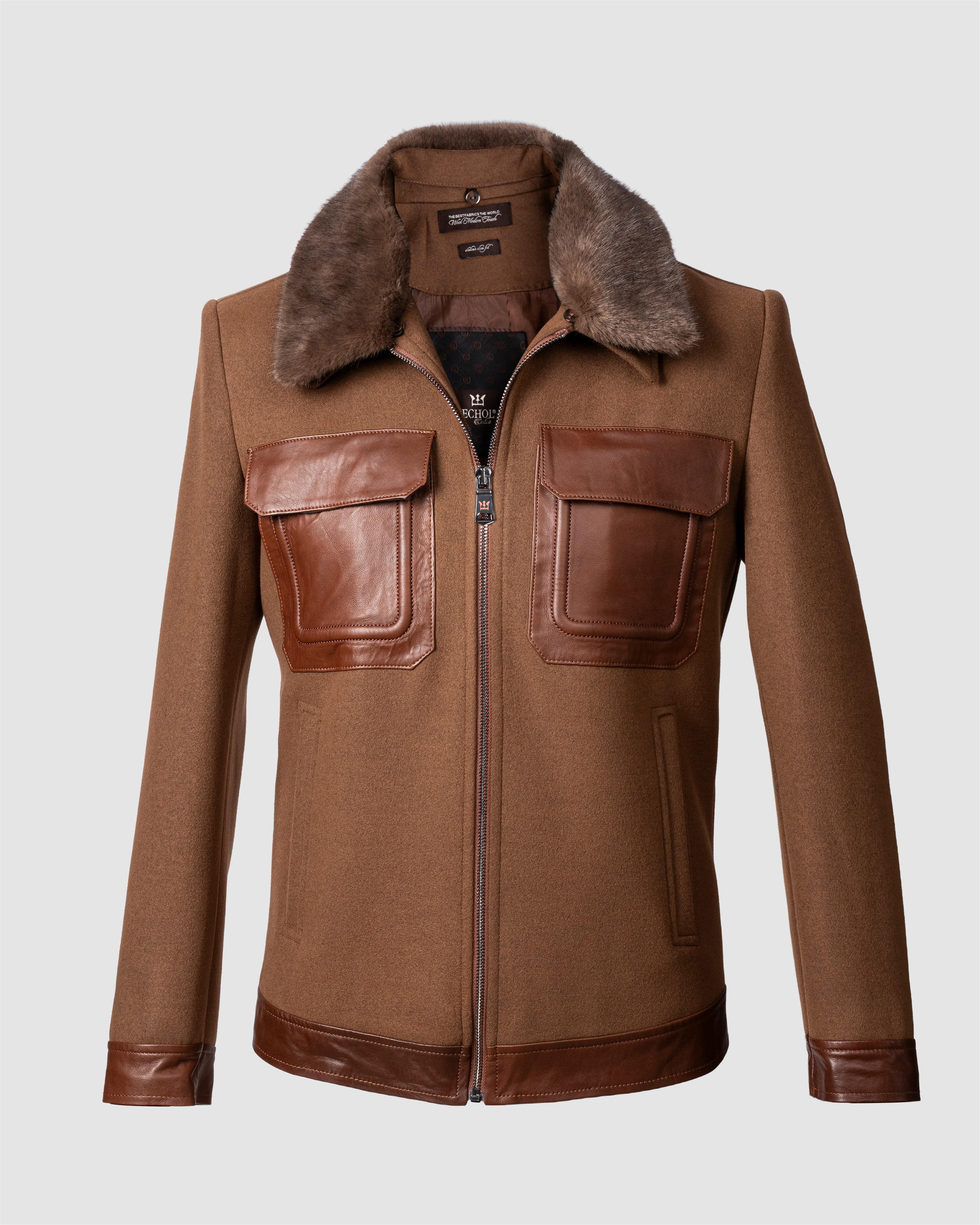 Deri Cepli Kürklü Kaşe Ceket