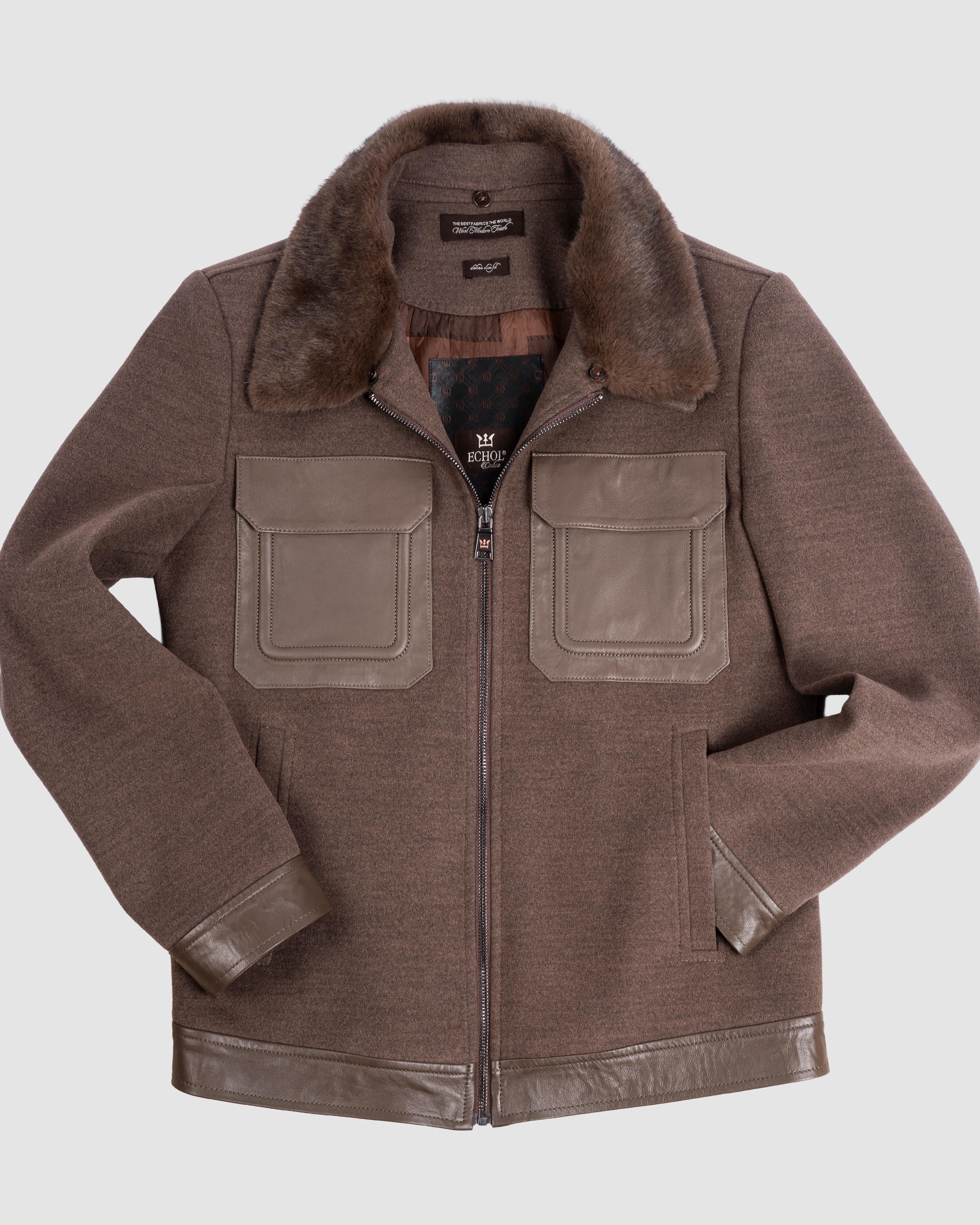 Deri Cepli Kürklü Kaşe Ceket