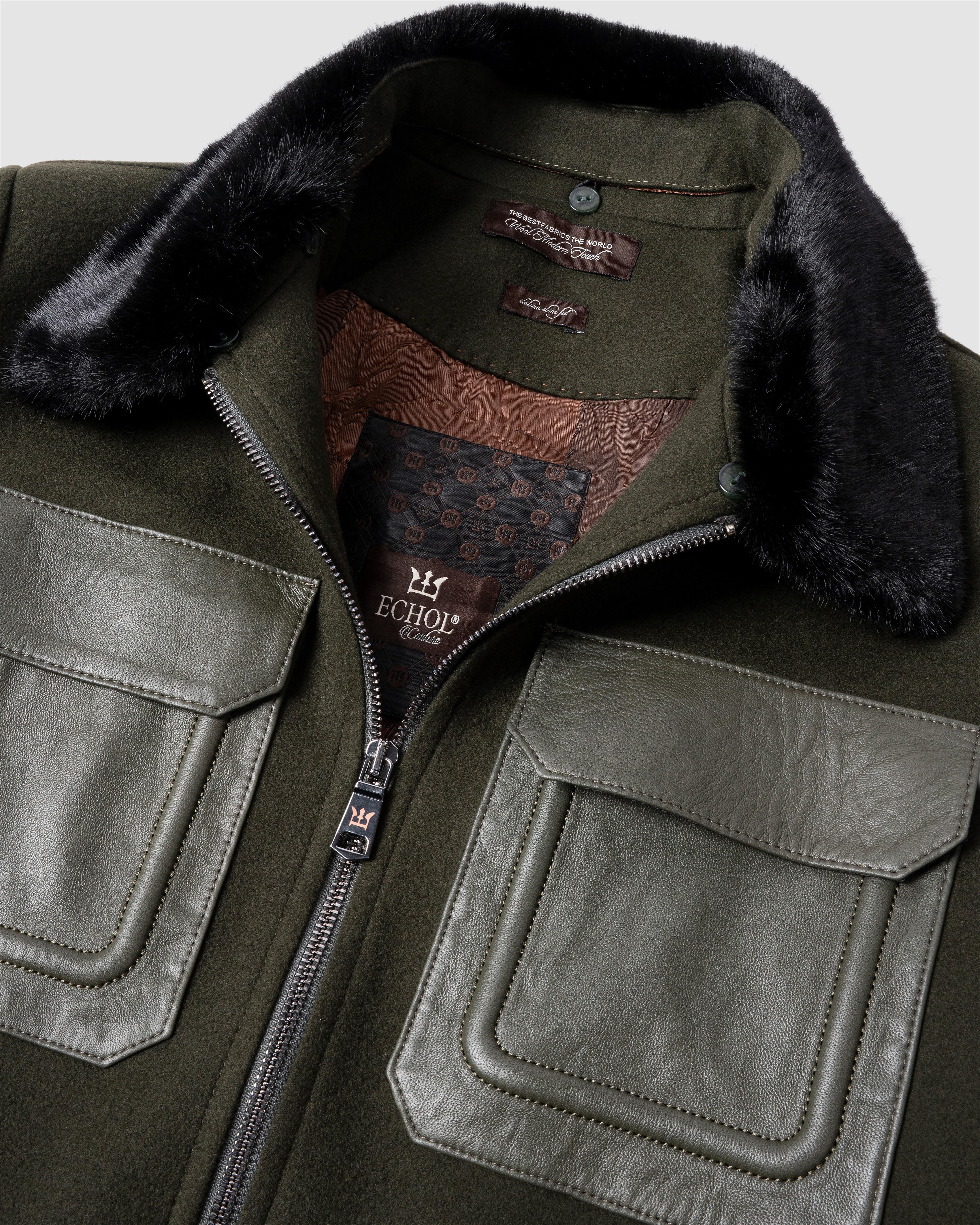 Deri Cepli Kürklü Kaşe Ceket