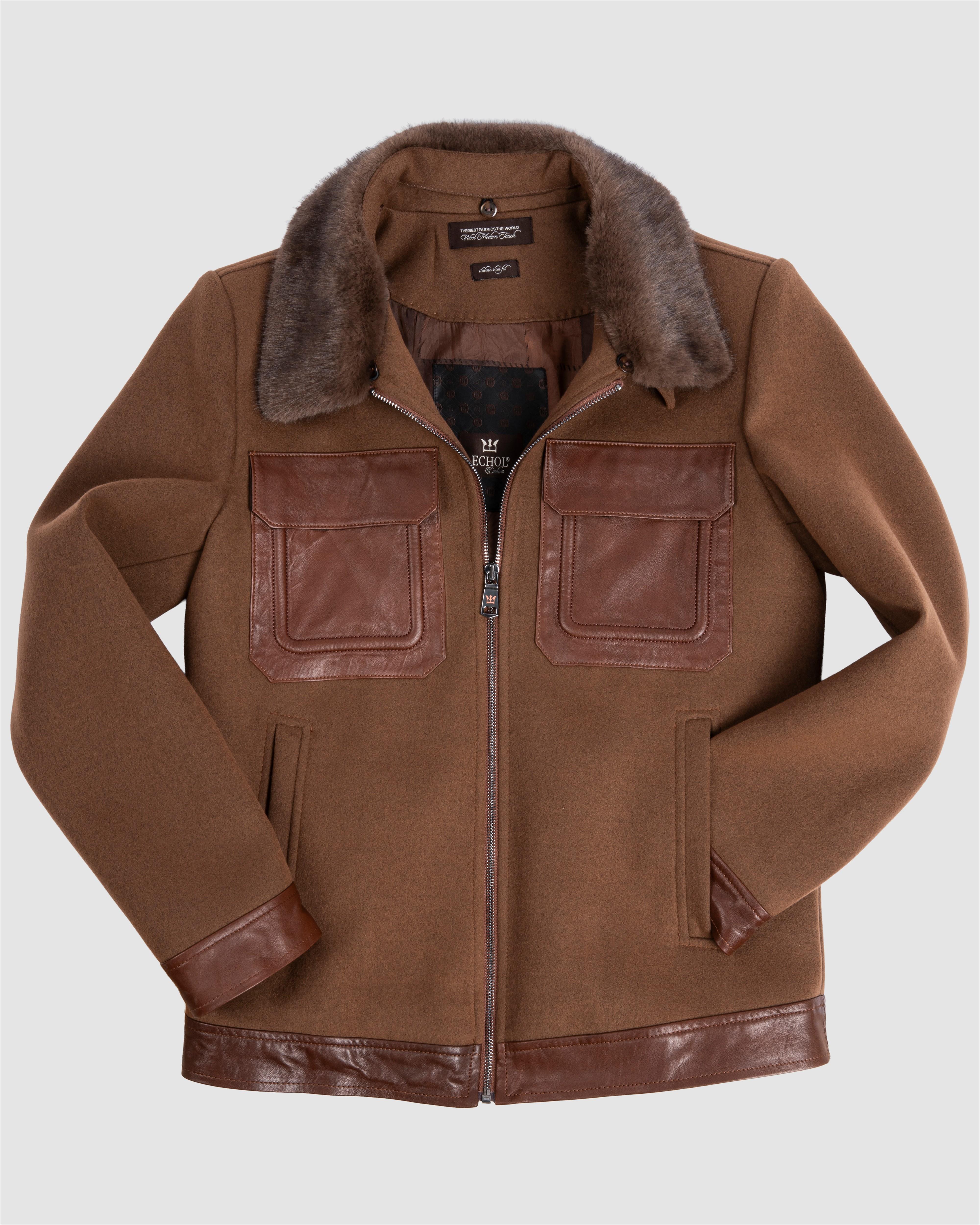 Deri Cepli Kürklü Kaşe Ceket