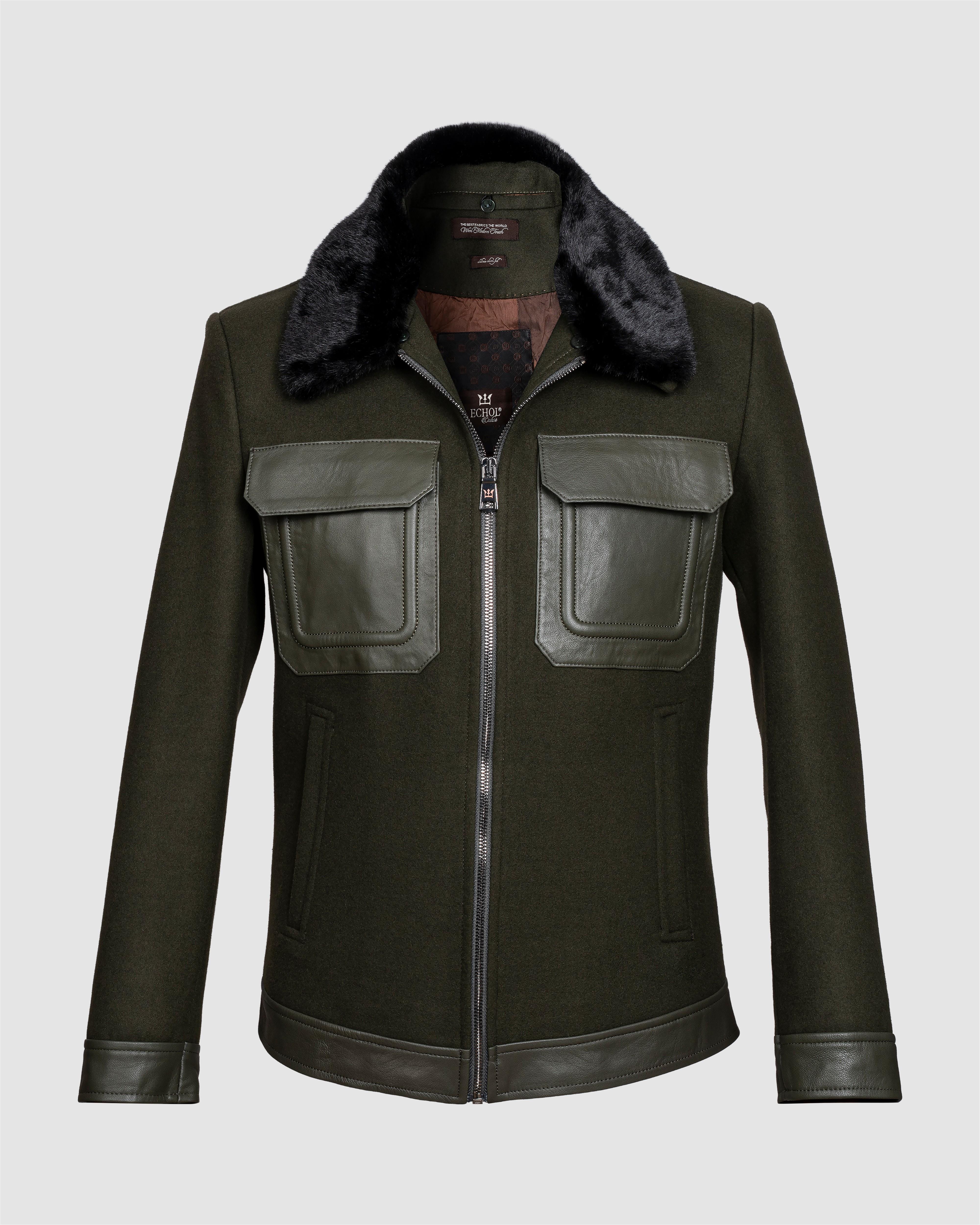 Deri Cepli Kürklü Kaşe Ceket