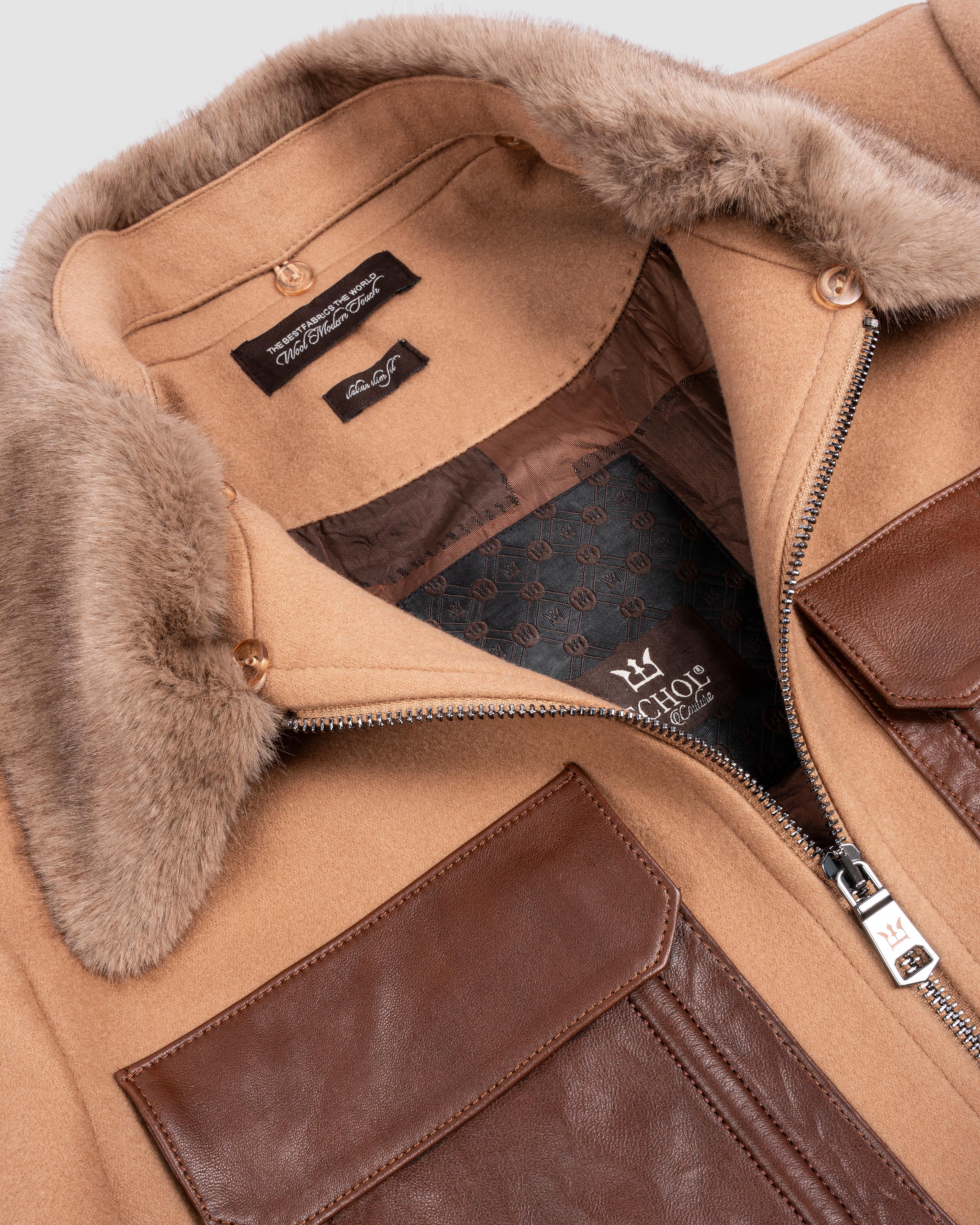 Deri Cepli Kürklü Kaşe Ceket