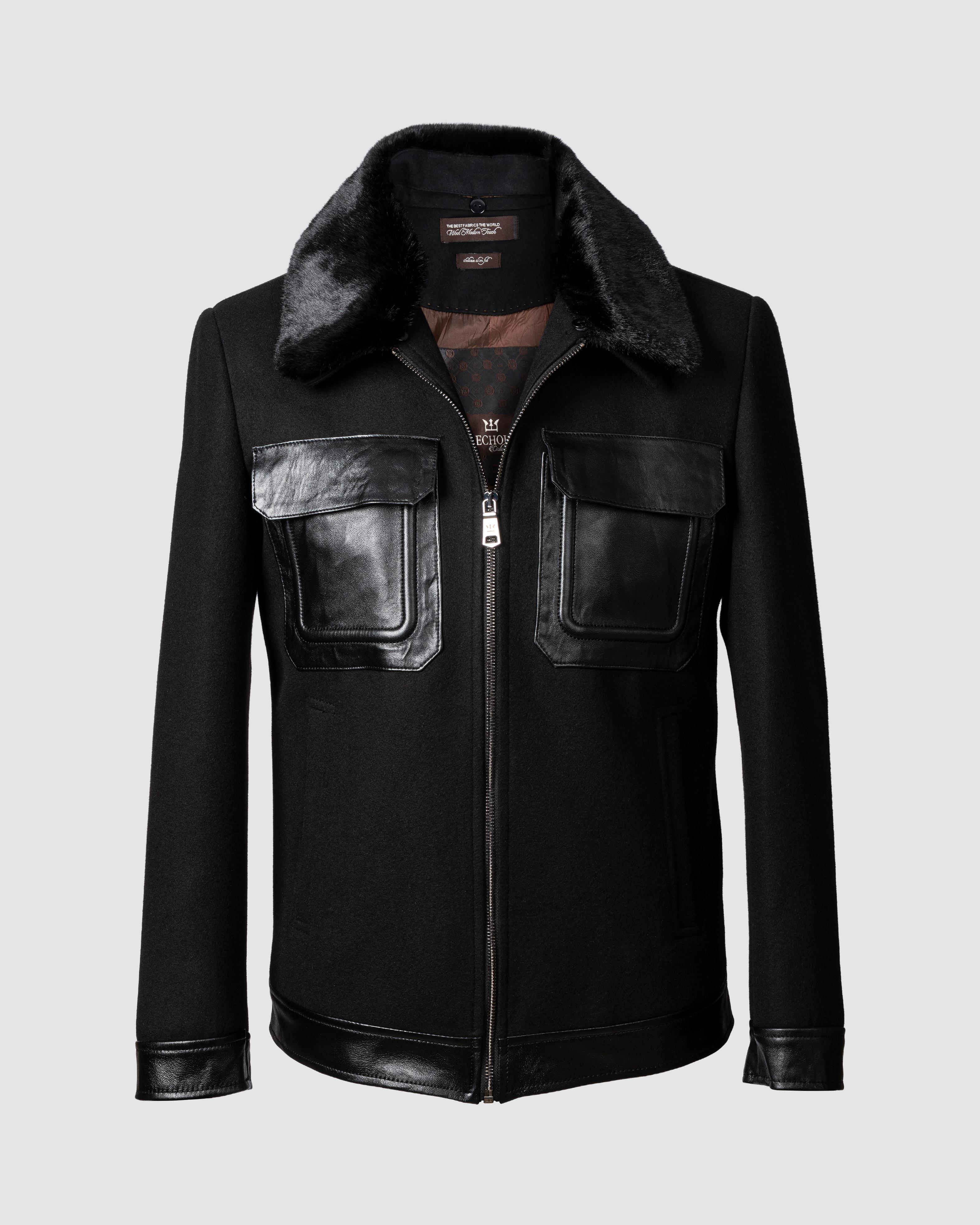 Deri Cepli Kürklü Kaşe Ceket