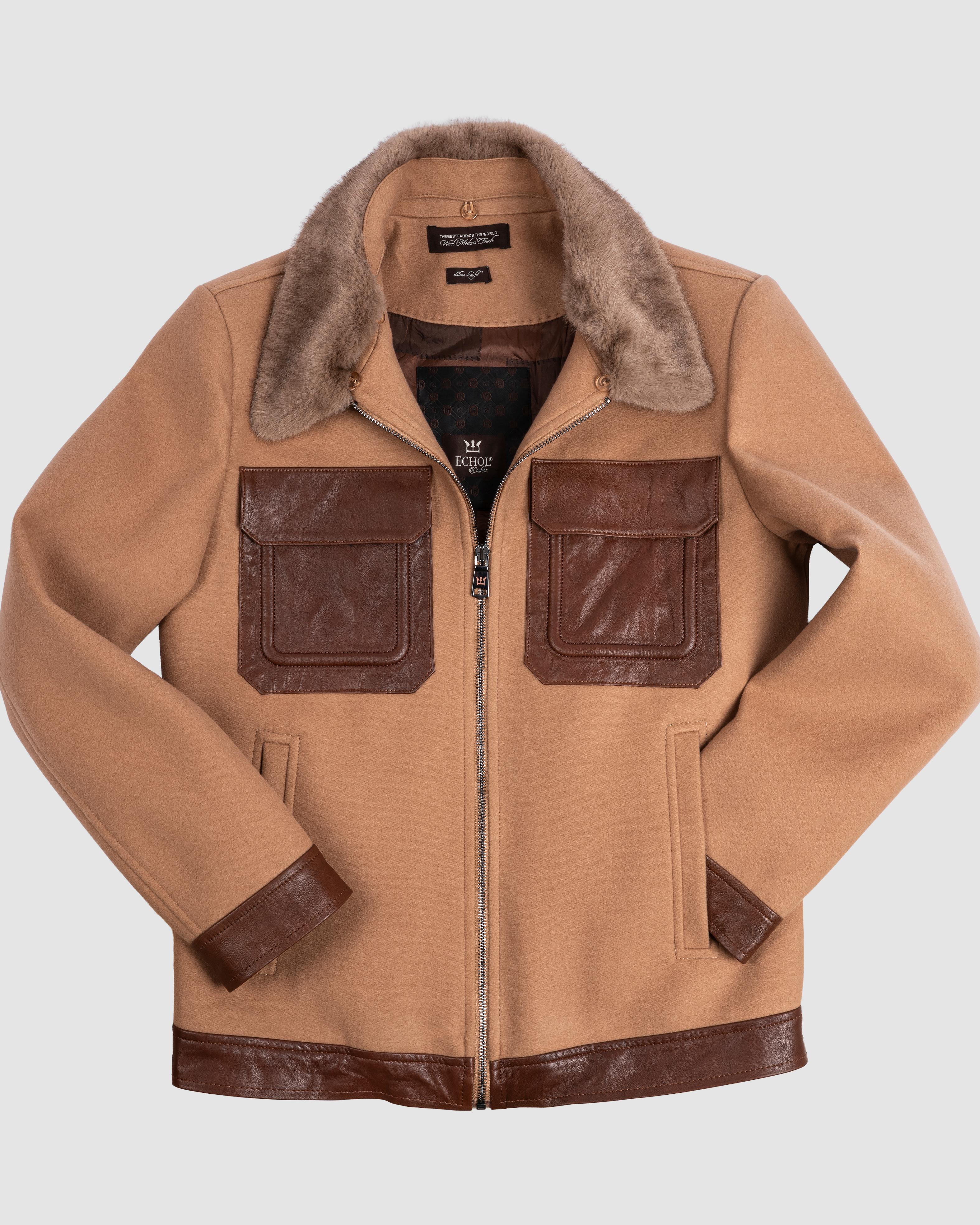 Deri Cepli Kürklü Kaşe Ceket