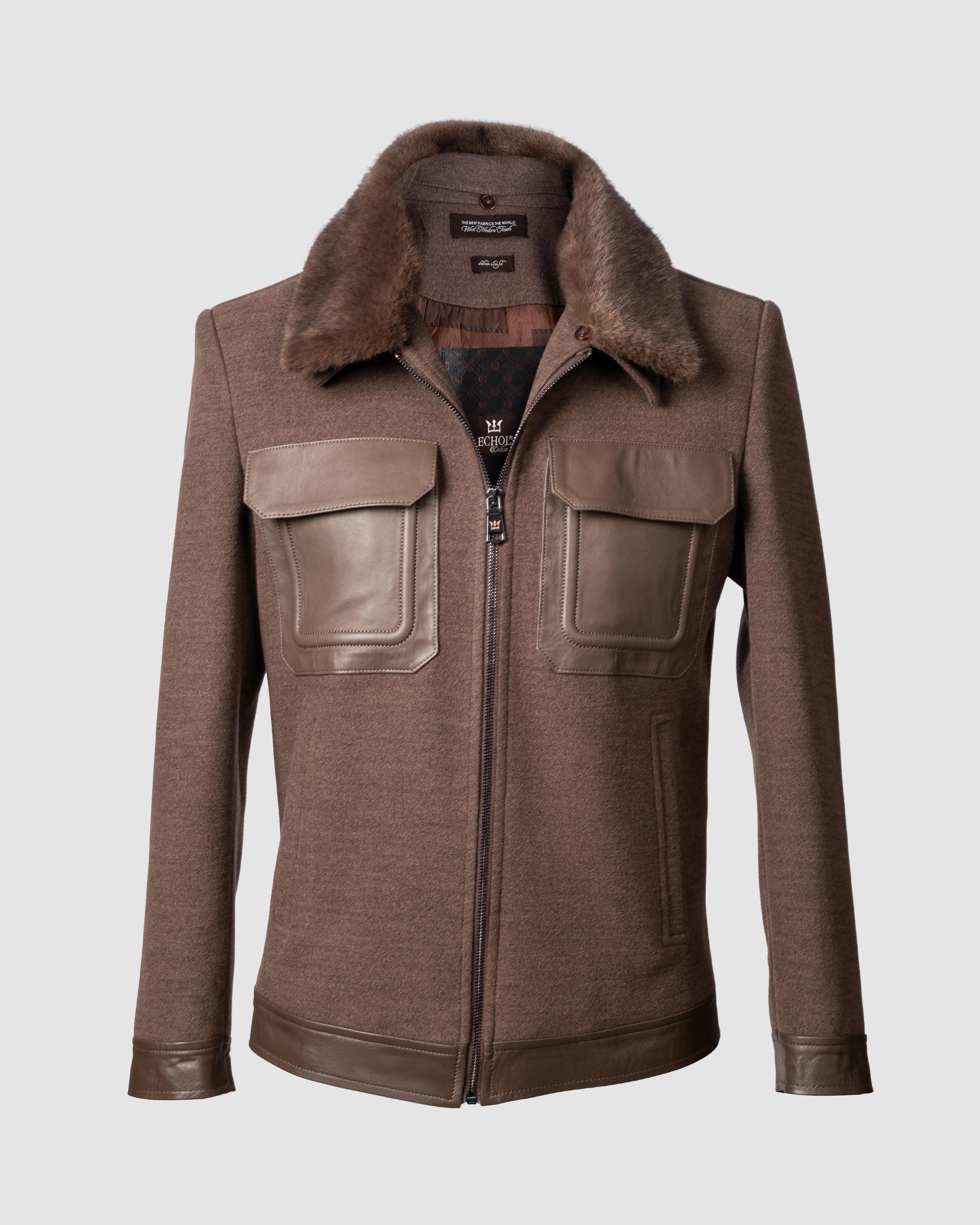 Deri Cepli Kürklü Kaşe Ceket