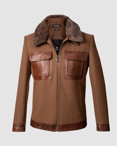 Deri Cepli Kürklü Kaşe Ceket