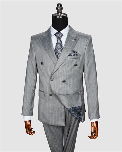 Ech. 2344-28 Gri Kumaş Beyaz Çizgili Kruvaze Takım Elbise