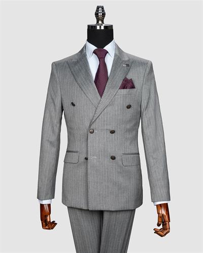 Ech. 2344-28 Gri Kumaş Beyaz Çizgili Kruvaze Takım Elbise