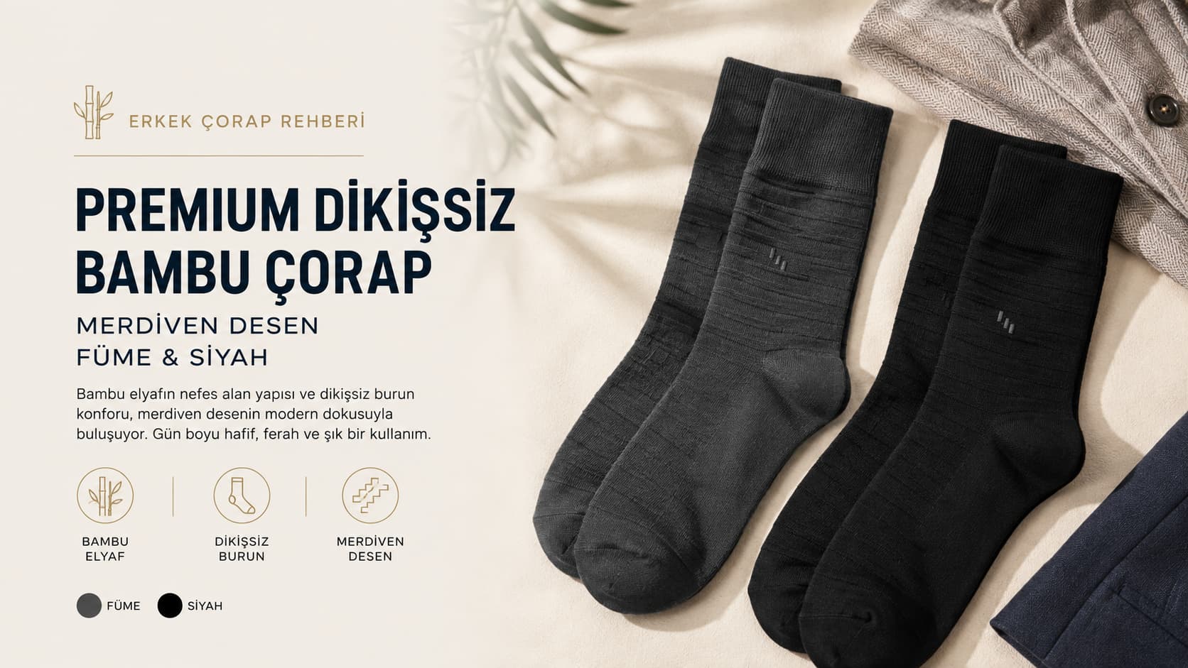 Erkek Premium Dikişsiz Bambu Çorap Merdiven Desen Rehberi: Füme ve Siyah