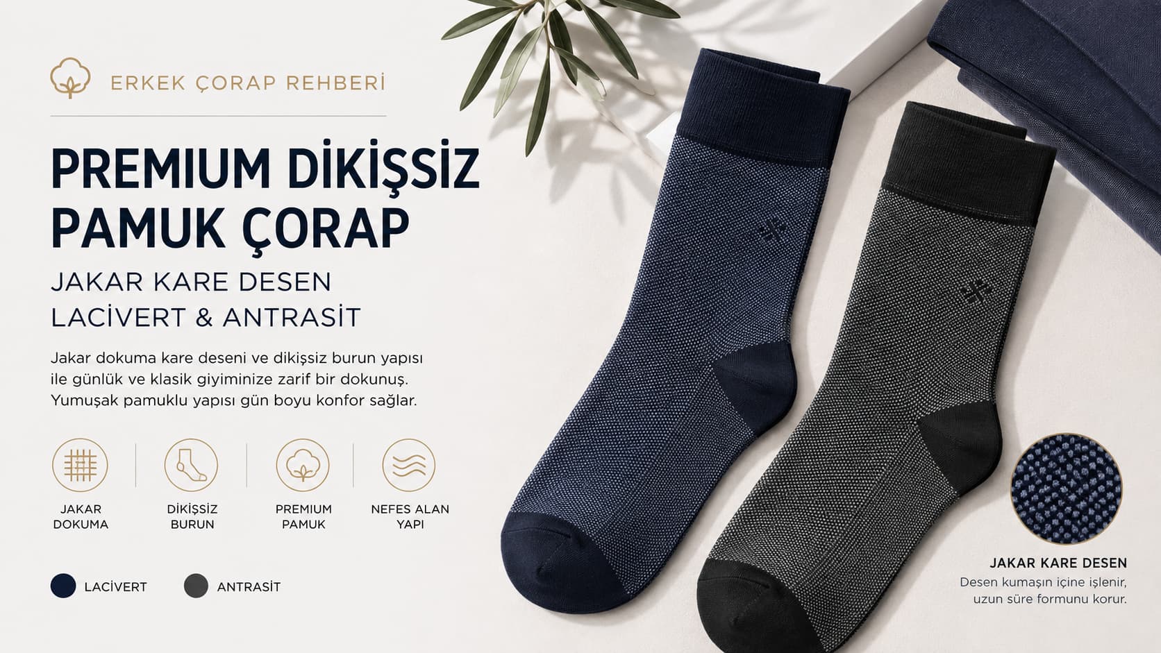 Erkek Premium Dikişsiz Pamuk Çorap Jakar Kare Desen Rehberi: Lacivert ve Antrasit