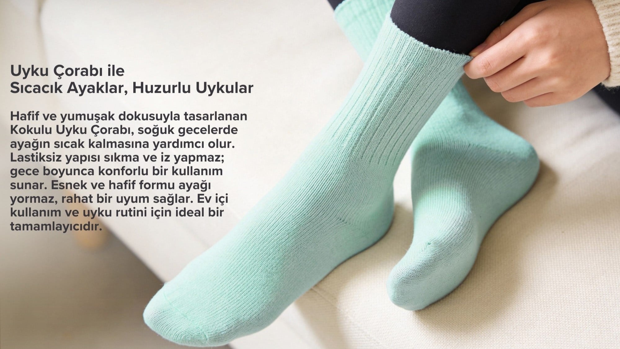 okaliptus kokulu uyku çorabı, kadın uyku çorabı, kadın soket çorap, yumuşak çorap, sıcak tutan çorap, yeşil krem çorap, gece çorabı, konforlu çorap, çorap bakım önerileri, Bolero