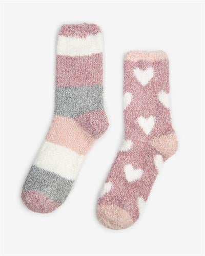 Kadın 2li Kışlık Ev Çorabı Kalpli Çizgili Pembe