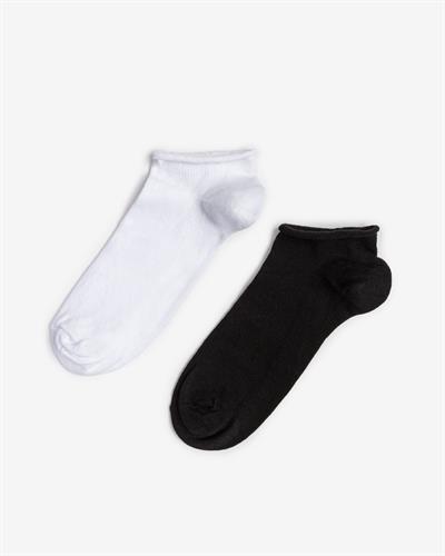 Kadın Roll Top Lastiksiz 2li Patik Çorap Siyah Beyaz