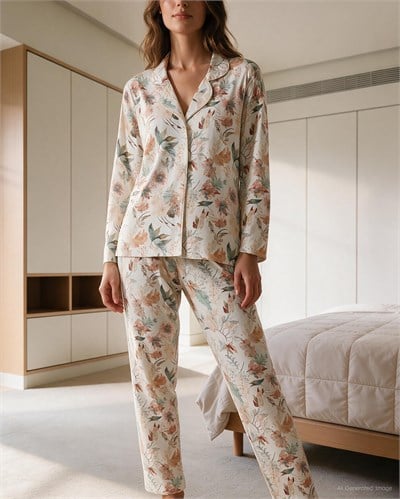 Botanik Desenli Kadın Pijama Takımı Ekru