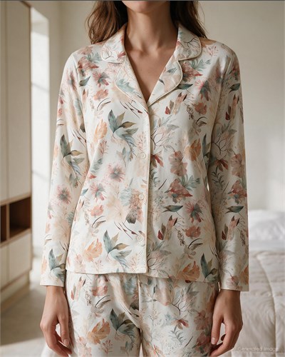 Botanik Desenli Kadın Pijama Takımı Ekru