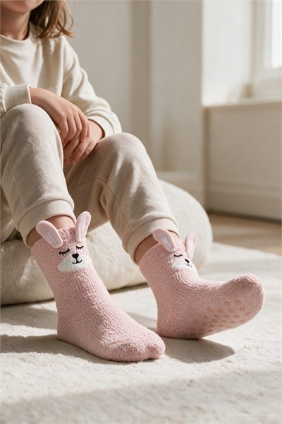 Çocuk Soft 3D Tavşan Figürlü Kaydırmaz Ev Çorabı P