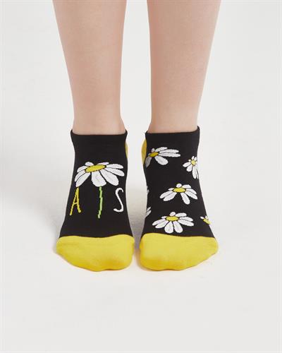 Daisy Desenli Siyah Eşi Farklı Kısa Patik Bilek Çorap