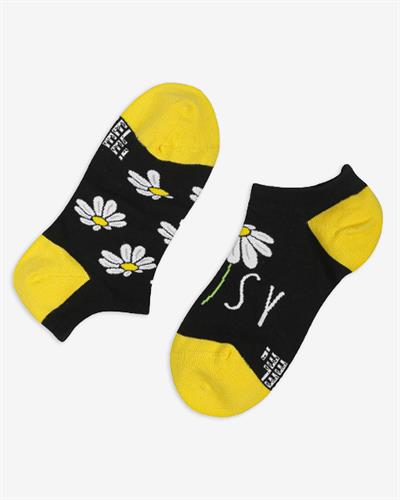 Daisy Desenli Siyah Eşi Farklı Kısa Patik Bilek Çorap