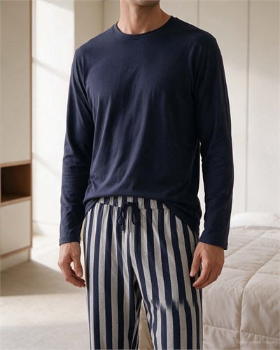 Erkek Bisiklet Yaka Uzun Kollu Pijama Takımı Lacivert