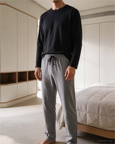Erkek Bisiklet Yaka Uzun Kollu Pijama Takımı Siyah