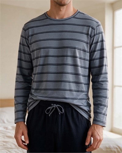 Erkek Bisiklet Yaka Uzun Kollu Pijama Takımı Gri
