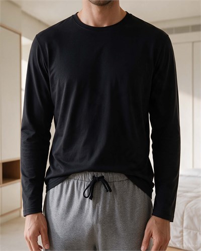 Erkek Bisiklet Yaka Uzun Kollu Pijama Takımı Siyah
