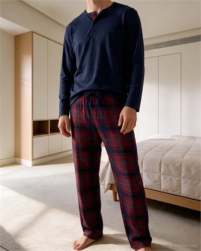 Erkek Düğmeli Yaka Uzun Kollu Pijama Takımı Koyu Lacivert 