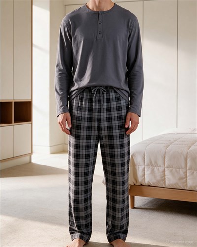 Erkek Düğmeli Yaka Uzun Kollu Pijama Takımı Koyu Gri