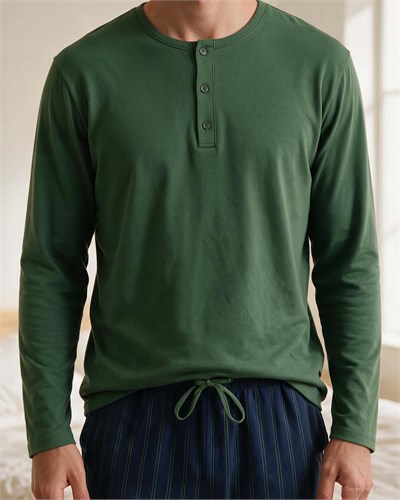 Erkek Düğmeli Yaka Uzun Kollu Pijama Takımı Koyu Yeşil