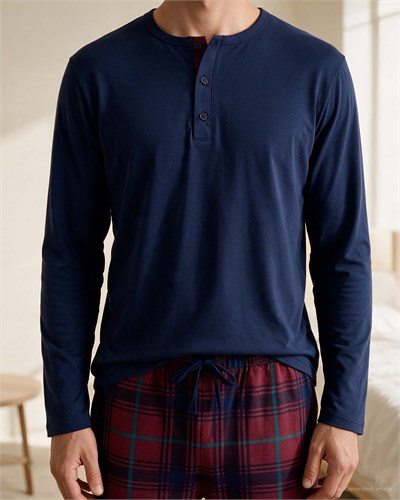 Erkek Düğmeli Yaka Uzun Kollu Pijama Takımı Koyu Lacivert 