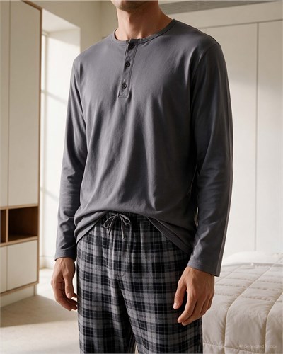 Erkek Düğmeli Yaka Uzun Kollu Pijama Takımı Koyu Gri