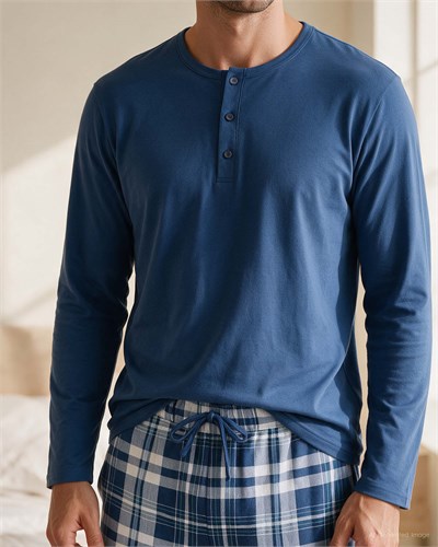 Erkek Düğmeli Yaka Uzun Kollu Pijama Takımı Lacivert
