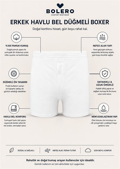 Erkek Havlu Bel Düğmeli Boxer Beyaz
