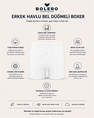 Erkek Havlu Bel Düğmeli Boxer Beyaz