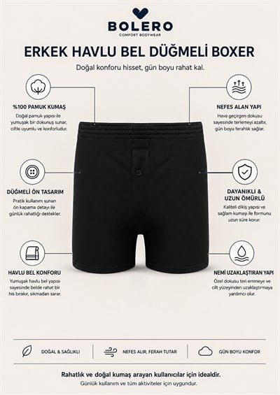 Erkek Havlu Bel Düğmeli Boxer Siyah