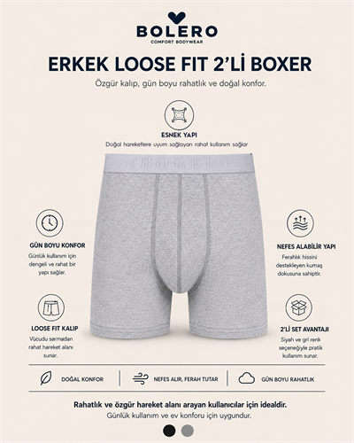 Erkek Loose Fit 2li Boxer Siyah Gri