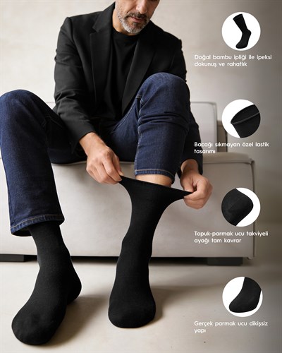 Erkek Premium Roll Top Lastiksiz Dikişsiz Bambu Çorap Siyah