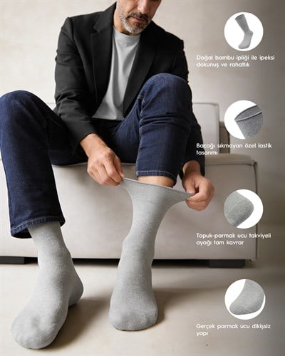 Erkek Premium Roll Top Lastiksiz Dikişsiz Bambu Çorap Gri