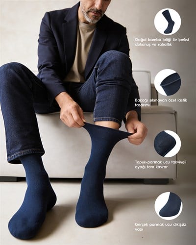 Erkek Premium Roll Top Lastiksiz Dikişsiz Bambu Çorap Lacivert