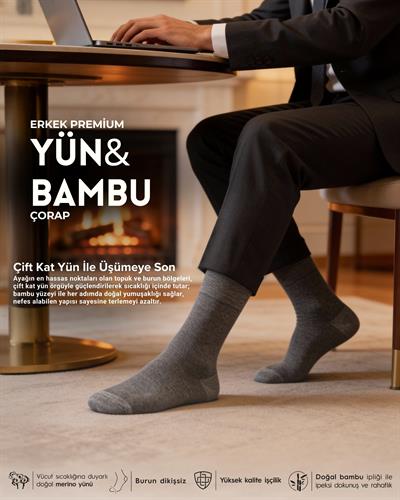 Erkek Premium Yün Bambu Kışlık Çorap Antrasit