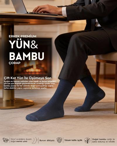 Erkek Premium Yün Bambu Kışlık Çorap Lacivert