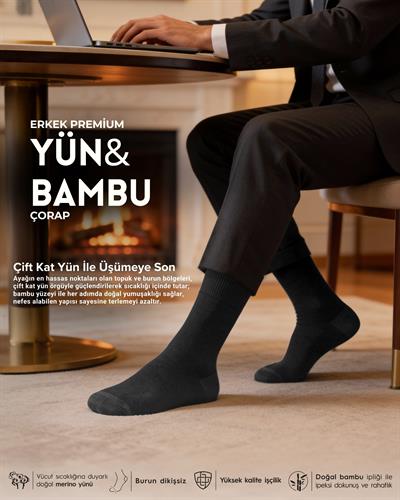 Erkek Premium Yün Bambu Kışlık Çorap Siyah
