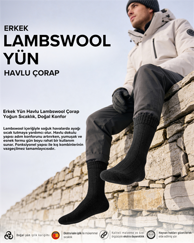 Erkek Yün Havlu Lambswool Çorap Siyah