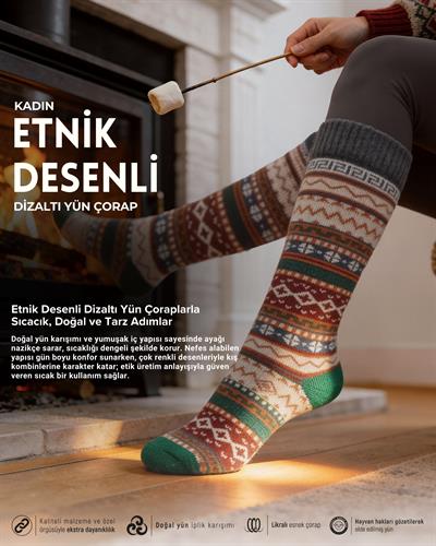 Etnik Desenli Dizaltı Uzun Renkli Yün Çorap
