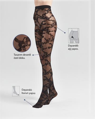 Kadın Dantel Desenli Külotlu Çorap Siyah