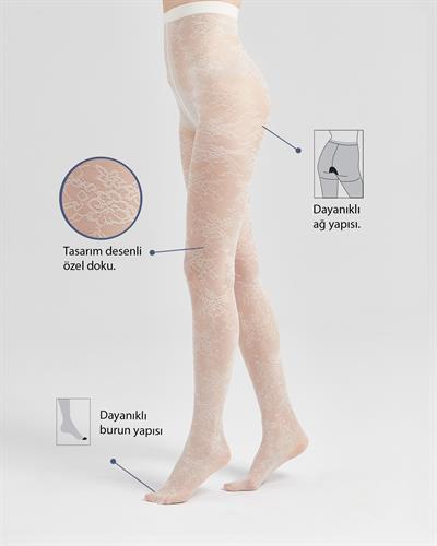 Kadın Floral Dantel Desenli Külotlu Çorap Ekru