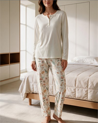 Kadın Düğmeli Yaka Pijama Takımı Ekru